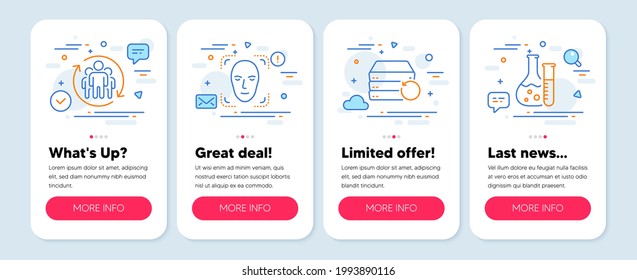 Conjunto de iconos de ciencia, como Teamwork, detección de caras, símbolos de servidor de recuperación. Banners de simulación de pantalla móvil. Iconos de línea de laboratorio de química. Cambio de empleados, Detectar persona, Copia de seguridad de datos. Vector