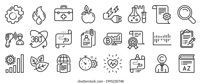 Set of Science icons, such as Technical documentation, Organic tested, Vaccine report icons. Electronic thermometer, Search, Internet documents signs. Interview documents, Flammable fuel. Vector