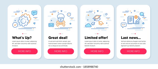 Set of Science icons, such as Throw hats, Chemical hazard, Settings gears symbols. Mobile screen mockup banners. Engineering documentation line icons. Vector