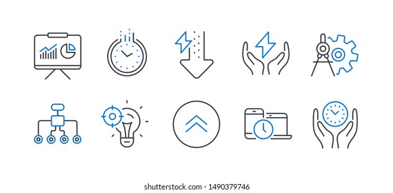 Set of Science icons, such as Time, Energy drops, Cogwheel dividers, Seo idea, Swipe up, Time management, Restructuring, Safe energy, Presentation line icons. Clock, Power usage. Vector