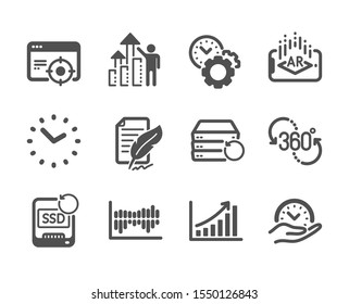 Set of Science icons, such as Time, Column diagram, Time management, Seo targeting, Augmented reality, Feather signature, Recovery ssd, Recovery server, Employee results, Graph chart. Vector