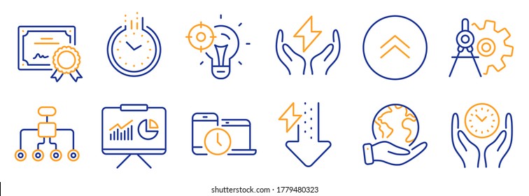 Set of Science icons, such as Time, Energy drops. Certificate, save planet. Cogwheel dividers, Seo idea, Swipe up. Time management, Restructuring, Safe energy. Presentation line icons. Vector