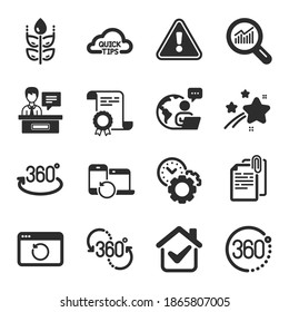 Set of Science icons, such as Time management, Recovery devices, Full rotation symbols. Data analysis, Document attachment, Recovery internet signs. 360 degree, 360 degrees, Gluten free. Vector