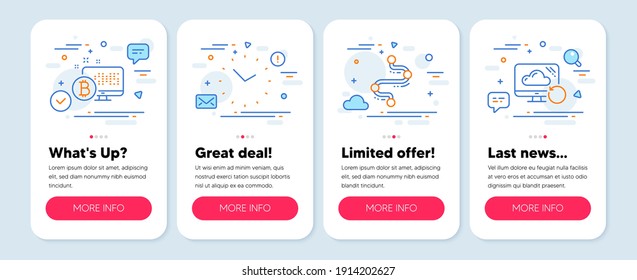 Conjunto de iconos de ciencia, como los símbolos de sistema Time, Timeline, Bitcoin. Banners de simulación de pantalla móvil. Iconos de la línea de nube de recuperación. Reloj, trayectoria de viaje, monitor de criptografía. Información de copia de seguridad. Vector