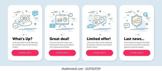 Set of Science icons, such as Time management, Presentation, 360 degree symbols. Mobile screen app banners. Medical tablet line icons. Office chat, Board with charts, Virtual reality. Vector
