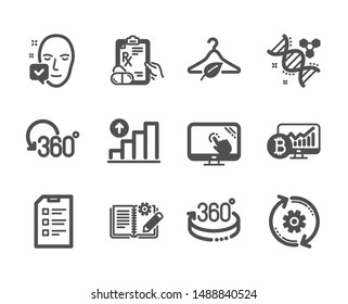 Set of Science icons, such as Touch screen, Chemistry dna, Full rotation, Graph chart, Engineering documentation, Cogwheel, 360 degrees, Prescription drugs, Checklist, Bitcoin chart. Vector