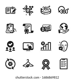 Set of Science icons, such as Touch screen, Chemistry dna. Certificate, approved group, save planet. Full rotation, Graph chart, Engineering documentation. Vector