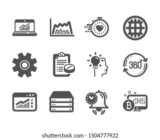 Set of Science icons, such as Trade chart, Web traffic, Online statistics, Timer, Service, Full rotation, Medical prescription, Servers, Idea, Globe, Time management, Bitcoin system. Vector