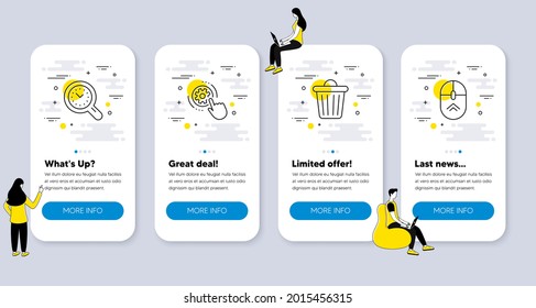 Set of Science icons, such as Trash bin, Cogwheel settings, Time management icons. UI phone app screens with people. Swipe up line symbols. Garbage, Engineering tool, Time analysis. Vector