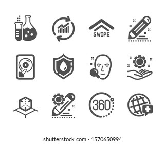 Set of Science icons, such as Update data, World medicine, Augmented reality, Project edit, Brand contract, Employee hand, Swipe up, Face search, Chemistry flask, Hdd, Blood donation. Vector