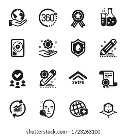 Set of Science icons, such as Update data, World medicine. Certificate, approved group, save planet. Augmented reality, Project edit, Brand contract. Employee hand, Swipe up, Face search. Vector