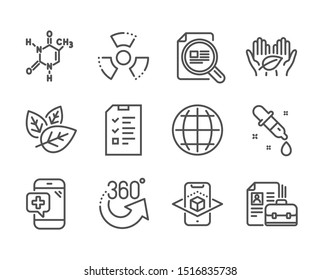 Set of Science icons, such as Vacancy, Chemistry pipette, Interview, Chemical formula, 360 degrees, Medical phone, Check article, Chemical hazard, Fair trade, Organic tested, Globe. Vector