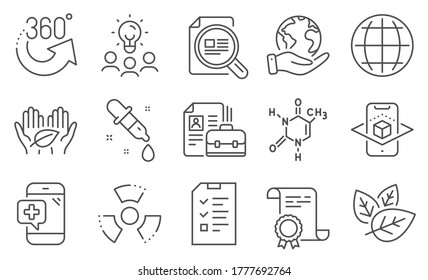 Juego de íconos de la ciencia, como Vacantes, pipeta química. Diploma, ideas, salvar el planeta. Entrevista, fórmula química, 360 grados. Teléfono médico, Comprobar artículo, Peligro químico. Vector