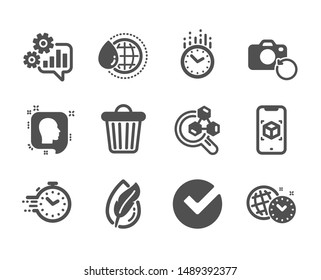 Set of Science icons, such as Verify, Augmented reality, Time management, Timer, Head, World water, Hypoallergenic tested, Cogwheel, Time, Recovery photo, Chemistry lab, Trash bin. Verify icon. Vector