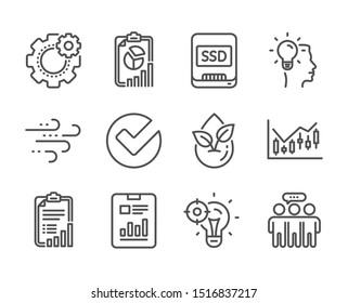 Set of Science icons, such as Verify, Checklist, Organic product, Seo idea, Windy weather, Cogwheel, Idea, Report document, Employees group, Financial diagram, Report, Ssd line icons. Vector