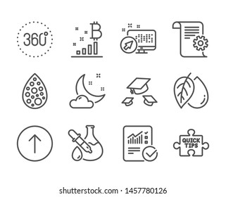 Set of Science icons, such as Web system, Mineral oil, Quick tips, Night weather, Checked calculation, Swipe up, Artificial colors, Technical documentation, Bitcoin graph, Throw hats. Vector