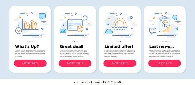 Set von Science-Symbolen, wie Web-Timer, Sunset, Oberpfeile-Symbole. Mobile Screen verspottet Banner. Zeilensymbole melden. Online-Test, Sonniges Wetter, Wachstumsinformationen. Darstellungsdiagramm. Vektorgrafik