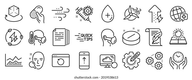 Set of Science icons, such as Windmill turbine, Swipe up, Face search icons. Settings gear, Sick man, Windy weather signs. Green electricity, Capsule pill, Copy documents. Education, Gears. Vector