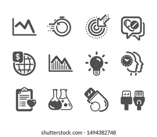 Set of Science icons, such as World money, Time management, Light bulb, Medical drugs, Patient history, Chemistry lab, Line chart, Flash memory, Fast recovery, Investment graph, Targeting. Vector