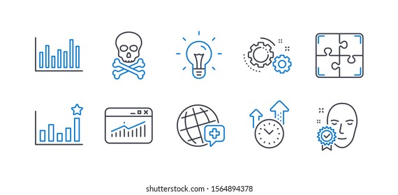 Set of Science icons, such as World medicine, Gears, Chemical hazard, Bar diagram, Idea, Website statistics, Puzzle, Time management, Efficacy, Face verified line icons. Vector
