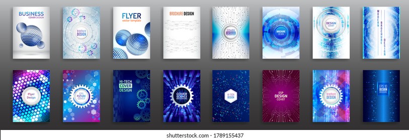 Set Of Science And Innovation Hi-tech Background. Flyer Design Of Tech Elements. Futuristic Business Cover Layout. Technology Modern Brochure Templates.