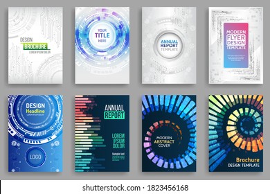 Set of Science and innovation hi-tech background. Flyer design of tech elements. Futuristic business cover layout. Technology modern brochure templates.