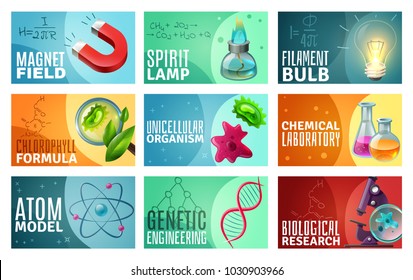 Set of science isolated vector illustration with spirit lamp genetic engineering atom model unicellular organisms decorative icons