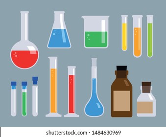 Set Of Science Laboratory Glasswares And Equipments, Flask, Beaker, Bottle And Test Tube, Vector Illustration