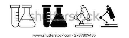 Set of science laboratory icons. Microscope, test tube, flask symbol. Chemistry, biology, medical research sign. Flat, solid, outline style.