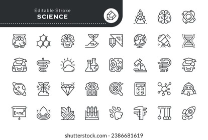 Set of science line concept web icons in outline linear style. Icon - flasks, test tubes, laboratory, scientific knowledge and types of sciences. Vector pack.