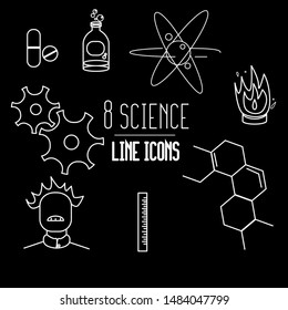 set of science line icon  
scientist pills molecule 
test tube gears  fire