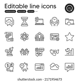 Set of Science outline icons. Contains icons as Growth chart, Time management and Analytical chat elements. Web settings, Time, Computer fingerprint web signs. Star, 360 degree, Group elements. Vector