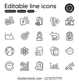 Set of Science outline icons. Contains icons as 360 degrees, Accounting and Line chart elements. Inspect, Graph, Timer web signs. Chemistry atom, Fake news, Target purpose elements. Vector