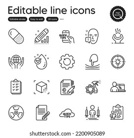 Set of Science outline icons. Contains icons as Augmented reality, Capsule pill and Difficult stress elements. Checklist, Idea, Coronavirus injections web signs. Education. Vector
