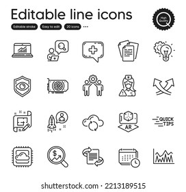 Set of Science outline icons. Contains icons as Marketing, Startup and Employees teamwork elements. Eye detect, Medical chat, Documents web signs. Education, Nurse, Investment elements. Vector