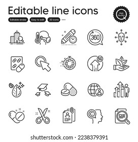 Set of Science outline icons. Contains icons as Scissors, Inspect and Throw hats elements. Medical pills, Click here, Seo timer web signs. International recruitment, 360 degrees. Vector