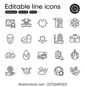 Set of Science outline icons. Contains icons as Puzzle, Medical tablet and Augmented reality elements. Organic tested, First aid, Safe planet web signs. Atom core, Coronavirus. Vector