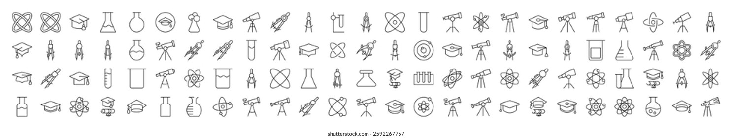 Set of Science Related Line Icons. Editable Stroke for Design, Web Sites, Apps, Cards. Contains Linear Images of Laboratory Bulb, Compass, Atom, Telescope