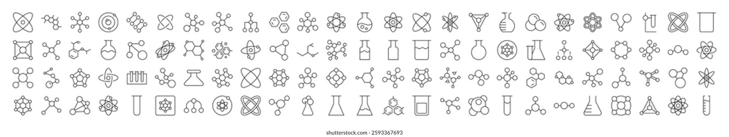 Set of Science Related Line Icons. Editable Stroke for Design, Web Sites, Apps, Cards. Contains Linear Images of Chemical Compound, Atom, Laboratory Bulb