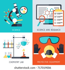 Set Of Science, Science And Research, Chemistry Lab And Protective Equipment Icons. Concept Design. 