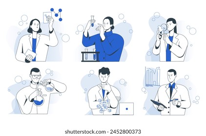 Set of Science research illustrations. Man and woman employees of chemical laboratory conduct scientific experiment with flasks and reagents. Cartoon outline vector collection isolated on background