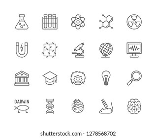 Set of science and research line icons. School globe, professor, evolution, DNA, bacteria, experimental mouse, brain, molecule, graduation cap, loupe, experiment flask, microscope and more.