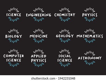 Set of science subjects icon titles. Vector illustration.