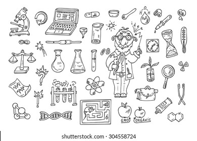 Set Of Science Symbols And Funny Scientist Or Professor. Hand Drawn Doodles Illustration