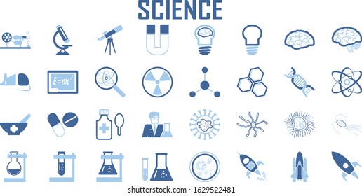 Set of Science Technology laboratory medicine Creative Related Vector flat Icons. 
Contains Biology, Chemistry, research, scientist. 
