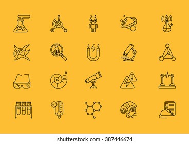 Set of science thin, lines, outline, strokes icons. Symbols of sciences tube, spiritlamp, bulb, magnet, microscope, telescope black on yellow background. For web and mobile applications 