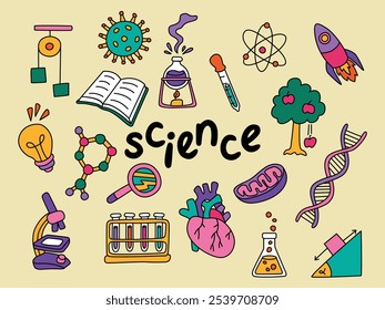 conjunto de ilustração plana do vetor de ciência. Um pacote de ciência rabisca para a escola.
