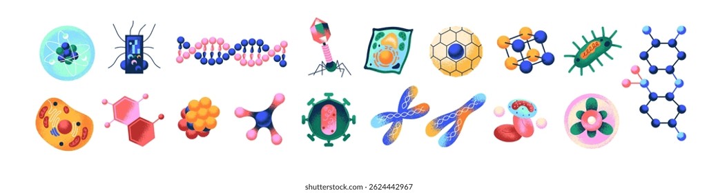 Set of scientific elements. Particles of chemistry, physics and biology. DNA, atoms, molecules, cells, chromosomes, connects, nano robots. Flat isolated vector illustrations on white background