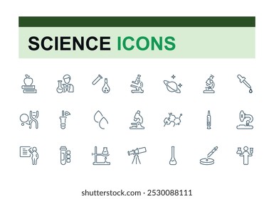 Conjunto de ícones de experimentos científicos. Ciência e coleção de ícones relacionados à ciência, como Química, Química, Microscópio, Experimentação, Tubo de amostra.