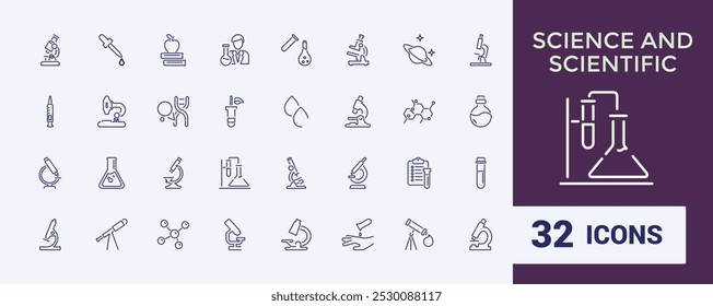 Set of scientific experiment icons. Science and sientific related icon collection such as Chemical, Chemistry, Microscope, Experimentation, Sample tube.